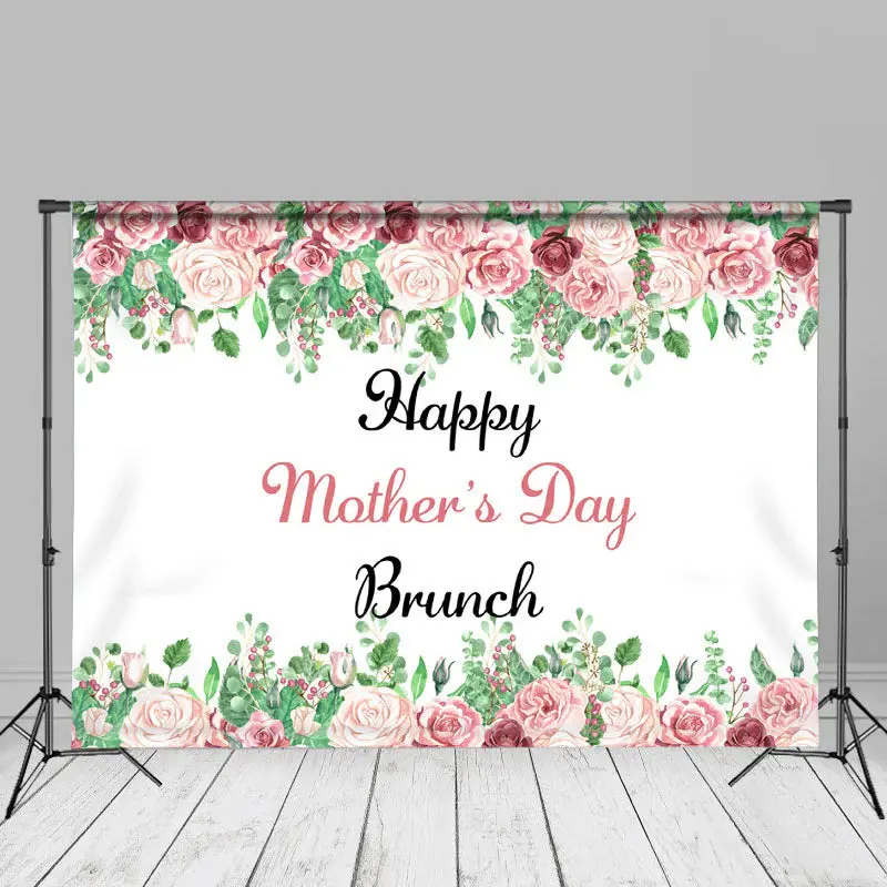 Brunch Pink Rose Green Leaves Happy Mothers Day Backdrop - Aperturee