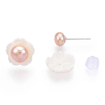 Natural Pearl & White Shell Flower Stud Earrings