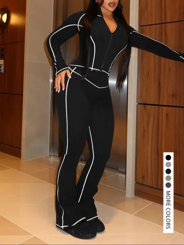 Two-piece Set Women's Striped Zip Up Jacket & Pants, Street Fashion Long Sleeve Outerwear & High Waist Trousers for Daily Wea...
