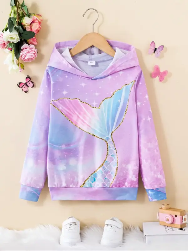 Girl's Mermaid Tail Print Drop Shoulder Hoodie, Cute Long Sleeve Hooded Sweatshirt for Fall & Winter, Kids Clothes for Daily ...