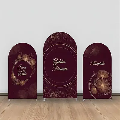 Wine Red Golden Line Floral Leaves Arch Backdrop Kit - Aperturee