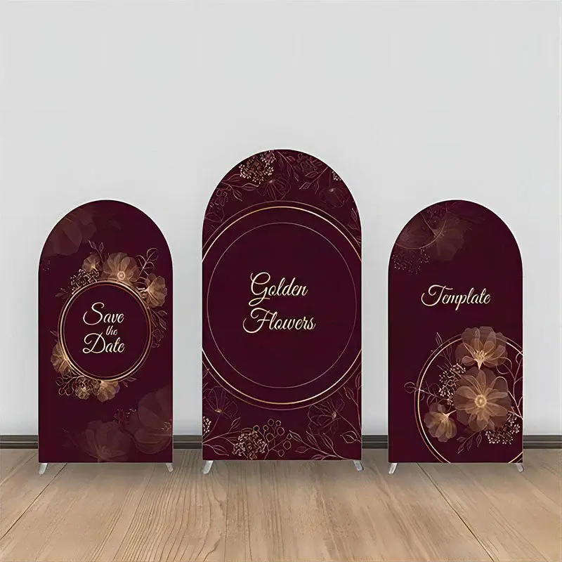 Wine Red Golden Line Floral Leaves Arch Backdrop Kit - Aperturee