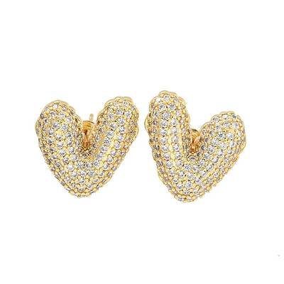 Heart Brass Pave Clear Cubic Zirconia Stud Earrings