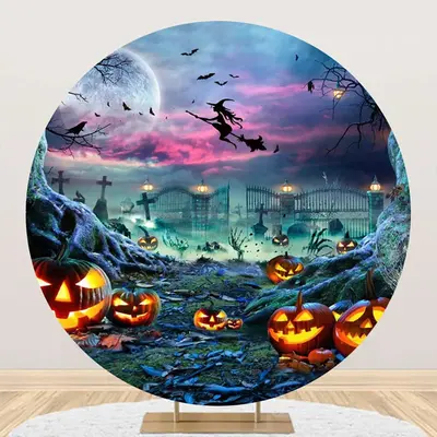 Pumpkin Cemetery Witch Moon Night Halloween Backdrop