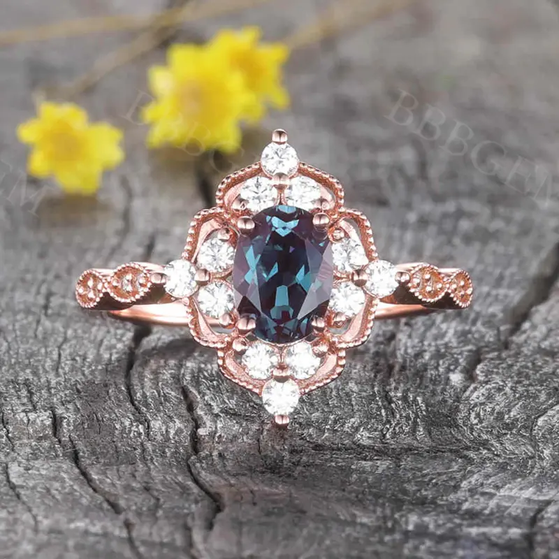 Vintage Filigree Alexandrite Engagement Ring Diamond Halo Ring