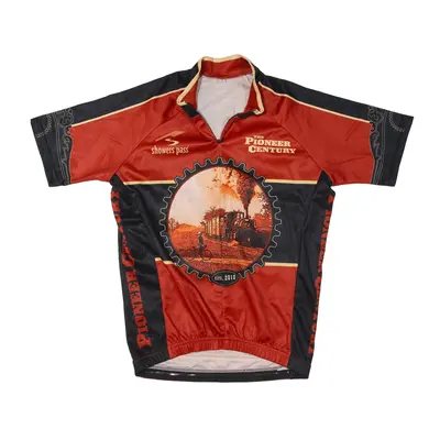 SHOWERS PASS Cycling The Pioneer Century 2010 T-Shirt Red 1/2 Zip Short Sleeve Mens S