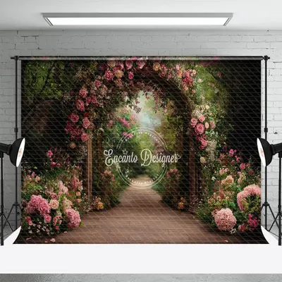 Aperturee Pink Floral Green Plant Arch Door Spring Backdrop, 3X2FT(1MX0.6M), 14 USD, spring backdrops, ENHD1J78-M