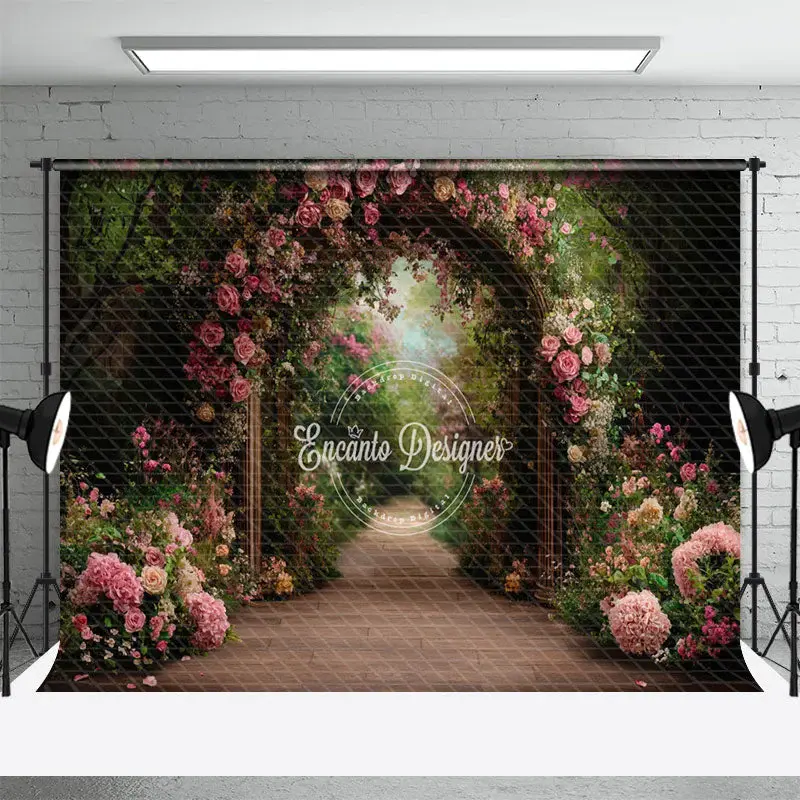 Aperturee Pink Floral Green Plant Arch Door Spring Backdrop, 3X2FT(1MX0.6M), 14 USD, spring backdrops, ENHD1J78-M