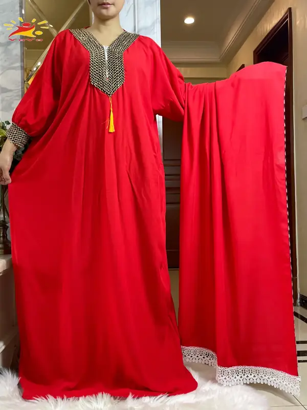2025 Muslim Women's Long Sleeve Cotton Autumn Dress with Oversized Scarf, Boubou Maxi Style, Elegant African Abaya for Islami...