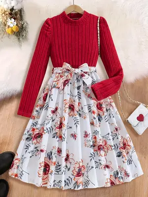 Girl's Floral Print Dress, Casual Long Sleeve Dress for Spring & Fall, Kids Clothes for Daily Wear