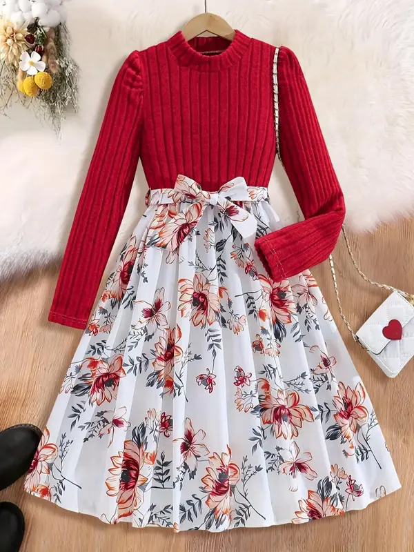 Girl's Floral Print Dress, Casual Long Sleeve Dress for Spring & Fall, Kids Clothes for Daily Wear