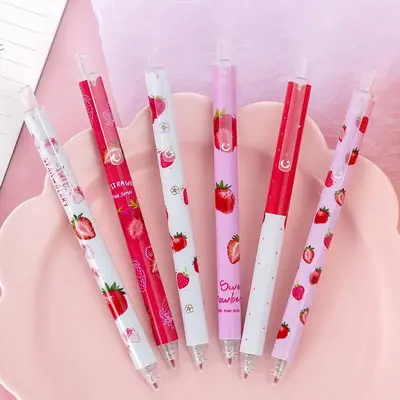 Cute Strawberry Pattern Retractable Gel Pen, 6pcs Back To School Black Refill Quick-drying writing Pen for Students, School ...