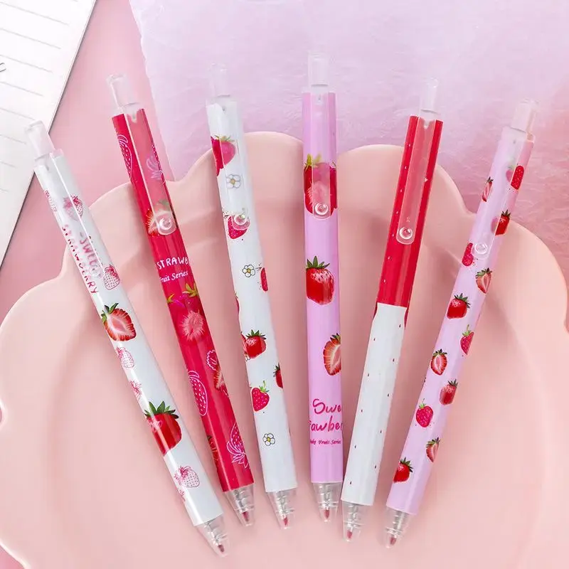 Cute Strawberry Pattern Retractable Gel Pen, 6pcs Back To School Black Refill Quick-drying writing Pen for Students, School ...