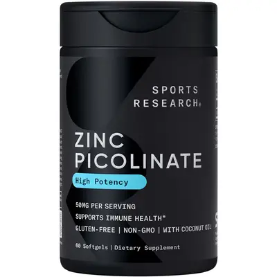Sports Research Zinc Picolinate - 50mg - with Organic Coconut Oil - Non-GMO Verified, Gluten & Soy Free - 60 Liquid Softgels
