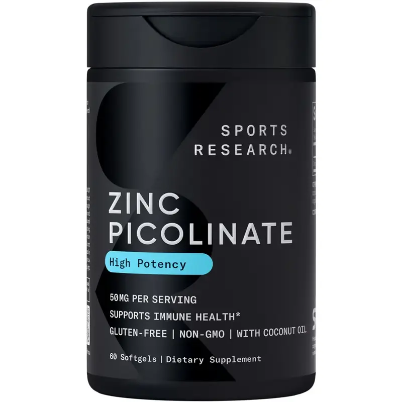 Sports Research Zinc Picolinate -  50mg - with Organic Coconut Oil - Non-GMO Verified, Gluten & Soy Free - 60 Liquid Softgels
