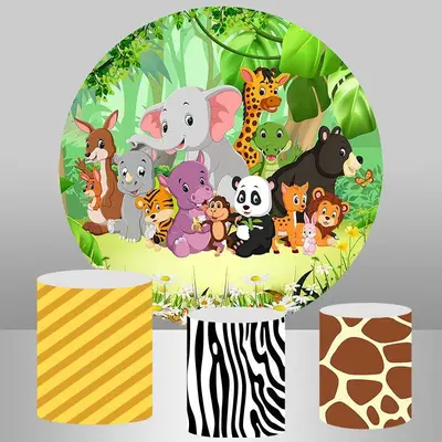 Aperturee Cartoon Animals Jungle Round Happy Birthday Backdrop | Round Backdrop Fabric Cover | Round Party Backdrop | Round B...