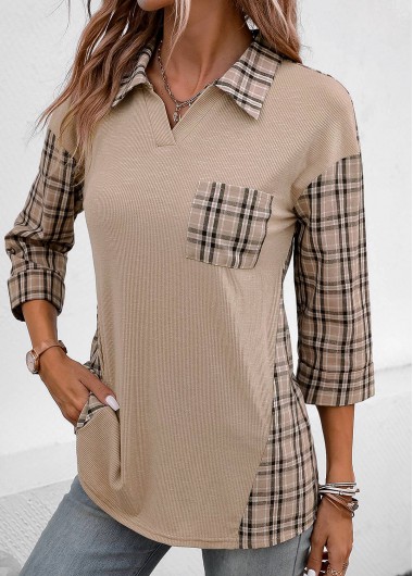 Modlily Patchwork Plaid Three Quarter Length Sleeve Blouse - XL