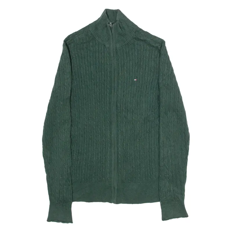 TOMMY HILFIGER Mens Patterned Cardigan Green High Neck Cable Knit M