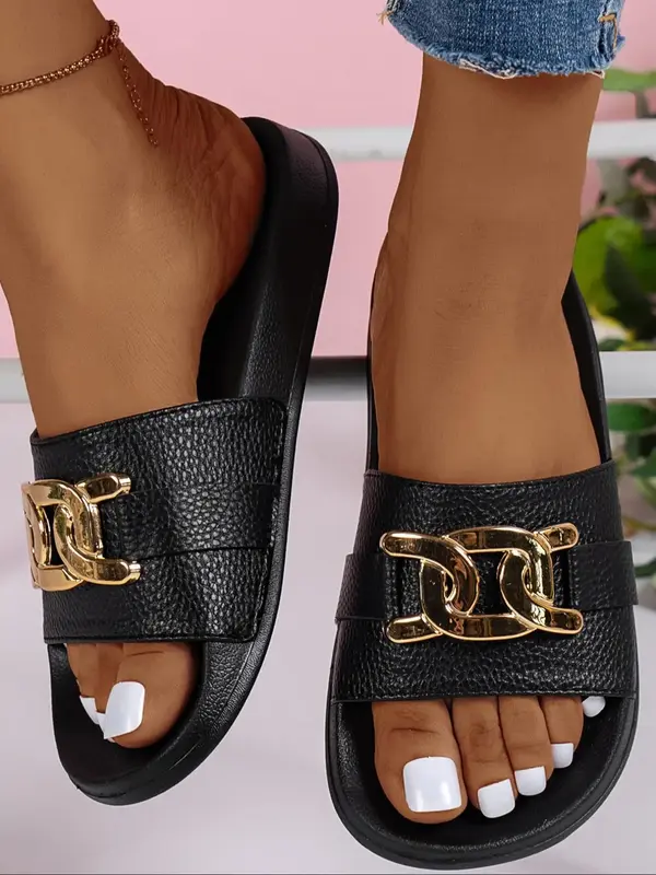 Women's Summer 2024 Elegant Chain Design Slide Slippers, Trendy Soft Lightweight House Slippers, Non-slip All-match Slide Sl...