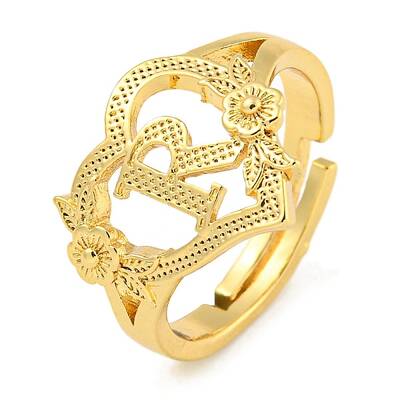 Heart with Letter & Flower Rack Plating Brass Adjustable Rings for Women