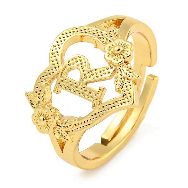 Heart with Letter & Flower Rack Plating Brass Adjustable Rings for Women