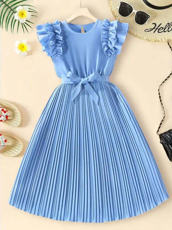 Girl's Solid Color Belted Dress, Casual Cap Sleeve Keyhole  Neckline  Dress for Summer, Kids Clothes for Daily Wear