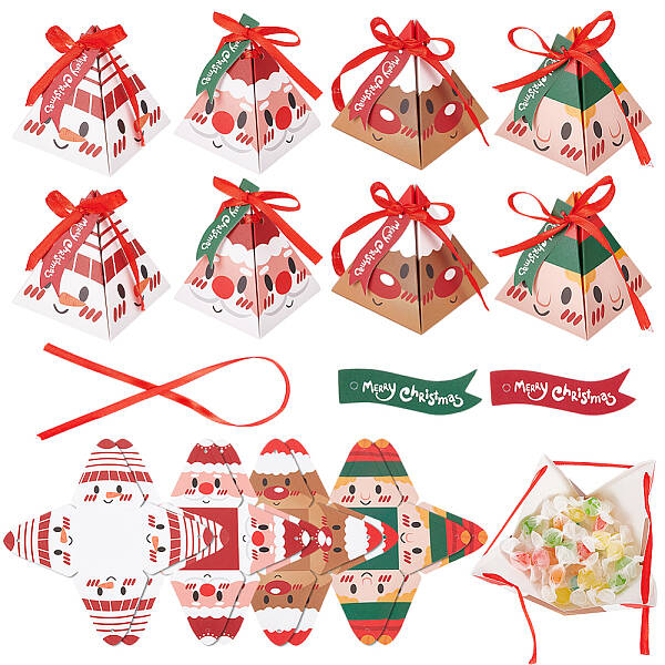 32Pcs 4 Style Christmas Theme Pyramid Shaped Paper Bakery Boxes