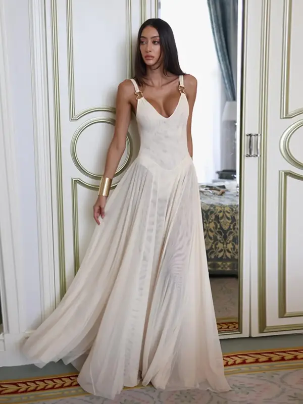 Women's Plain Deep V Neck Tulle Cami Dress, Elegant Sleeveless Maxi Dress for Party Holiday Wedding Guest, Ladies Summer Clot...