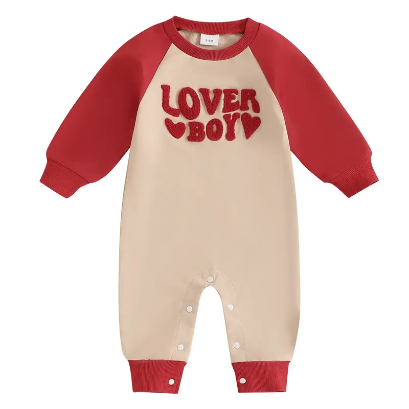 Newborn Baby Boy Valentines Day Outfit Lover Boy Embroidery Sweatshirt Bubble Romper Oversized Onesie Long Sleeve Outfit