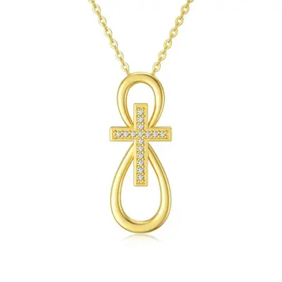 9K Gold Circular Shaped Cubic Zirconia Cross & Infinity Symbol Pendant Necklace