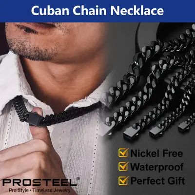 PROSTEEL Stainless Steel Cuban Chain Necklace - Miami Style Waterproof , 5mm to 14mm Width Options, 18\