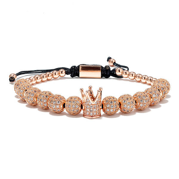 Vintage Brass Micro Pave Cubic Zirconia Crown & Round Braided Bead Adjustable Bracelets