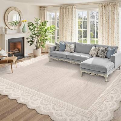 Garvee 10x13 Area Rug with Scalloped Lace Border, Non-Slip Backing, Washable Polyester, Low Pile, Stain Resistant for Living ...