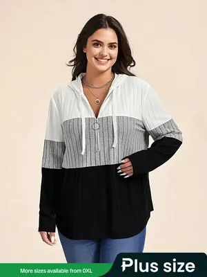 【Plus Size】 Women's Colorblock Longsleeves Drawstring Zip Up Hoodie, Casual Long Sleeve Hooded Sweatshirt for Spring & Fa...