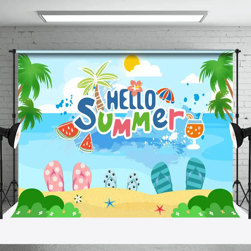 Hello Summer Beach Sea Palm Trees Photoshoot Backdrop - Aperturee