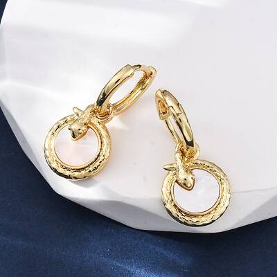 Flat Round with Snake Brass Shell Hoop Earrings