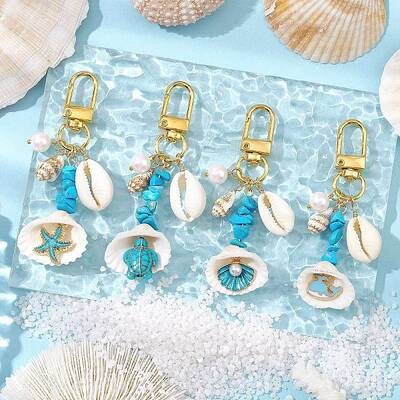 4Pcs 4 Styles Synthetic Turquoise Chip Bead and Shell Pendant Decorations
