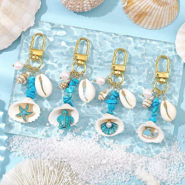 4Pcs 4 Styles Synthetic Turquoise Chip Bead and Shell Pendant Decorations
