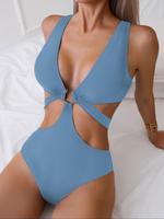 Women's Solid Color Cut Out Ring Linked One-piece Swimsuit, Summer Outfits, Summer Clothes Women, Sexy Deep V Neck Swimwear, ...