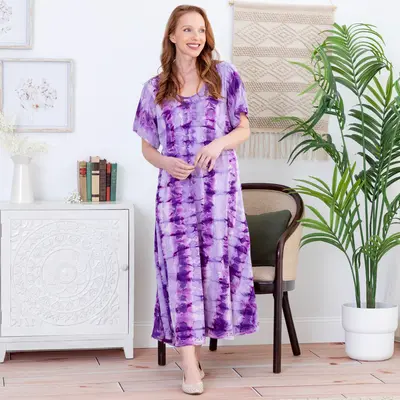 Purple Tie Dye Short Sleeve Dress - OSFM