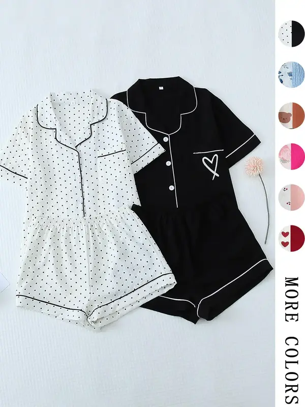 Women's All Over Print Loungewear Set, Contrast Binding Pocket Top & Shorts Pj Set, Ladies Summer Sleepwear