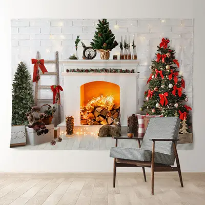 Aperturee Light Fireplace White Room Pine Christmas Backdrop