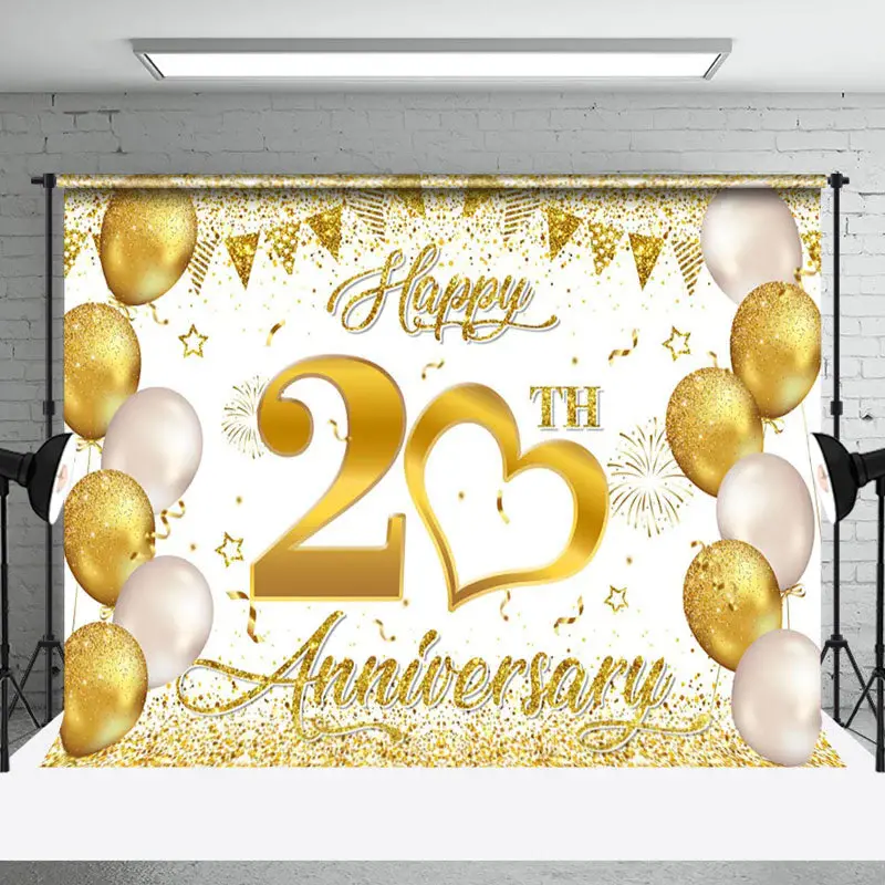 Aperturee Gold Balloon Ribbons Happy 20Th Anniversary Backdrop