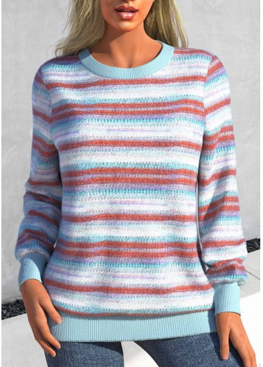 Modlily Light Blue Patchwork Long Sleeve Round Neck Sweatshirt - L
