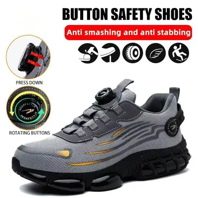 Men's Lace Up Low Top Anti Piercing & Anti Smashing Safety Shoes with Rotating Button, Casual Comfortable Breathable Contrast...