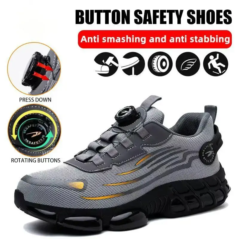 Men's Lace Up Low Top Anti Piercing & Anti Smashing Safety Shoes with Rotating Button, Casual Comfortable Breathable Contrast...