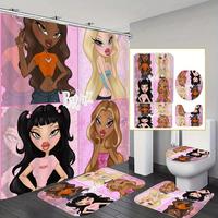 Cartoon Girl Pattern Bathroom Decorations, 4 Counts/set Including Shower Curtain & Toilet U-shape Mat & Bath Mat & Toilet Lid...