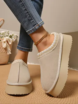 Women's Solid Color Plush Lining Slippers, Casual Soft Comfortable Home Slippers, Warm Slippers for Indoor & Outdoor Use for ...