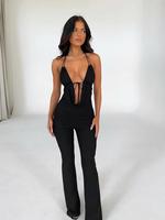 Women's Solid Backless Halter Neck Tie Back Flare Leg Jumpsuit, Fashion Fitted  Casual Tie Front Sleeveless Jumpsuit for Dail...