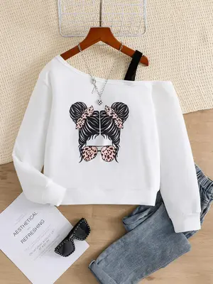 Girl's Cartoon Figure Print Asymmetrical Neck Tee, Casual Long Sleeve T-Shirt for Spring & Fall, Kids Clothes for Daily Wear